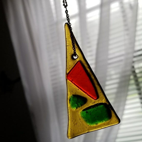 Handmade necklace fused Glass yellow red gold tone triangle funky artsy - Picture 2 of 7